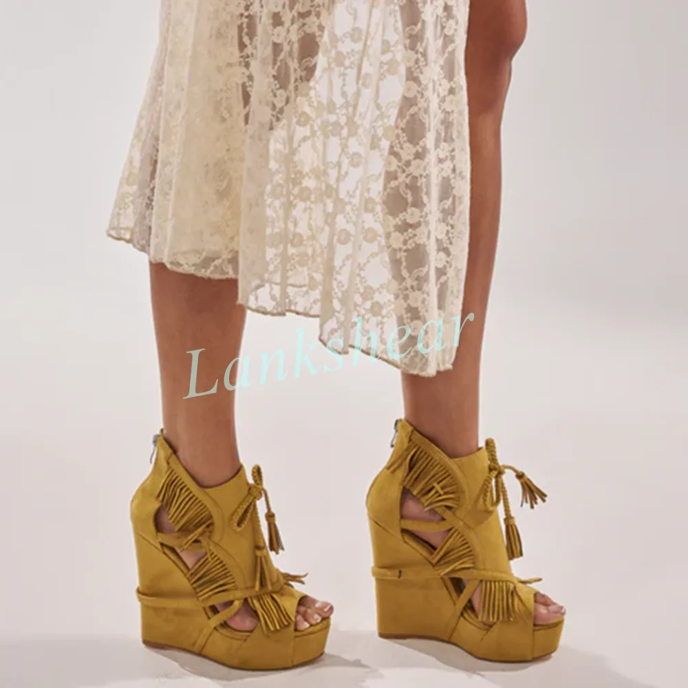Yellow Suede Fringe Wedge Sandals Platform Open Toe Heel with Tassel Lace-Up Back Zipper Western Festival Casual Designer Shoes