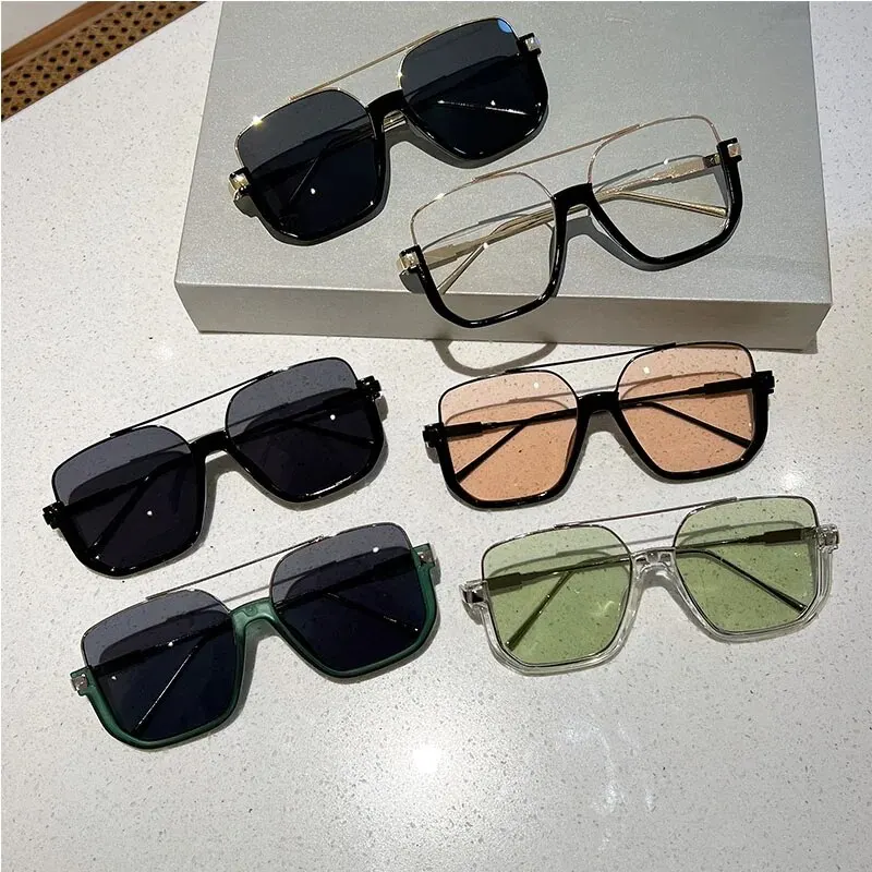 KAMMPT Retro Pilot Metal Sunglasses Fashion Korean Style Women Square Shades Trendy Ins Popular Brand Design UV400 Sun Glasses