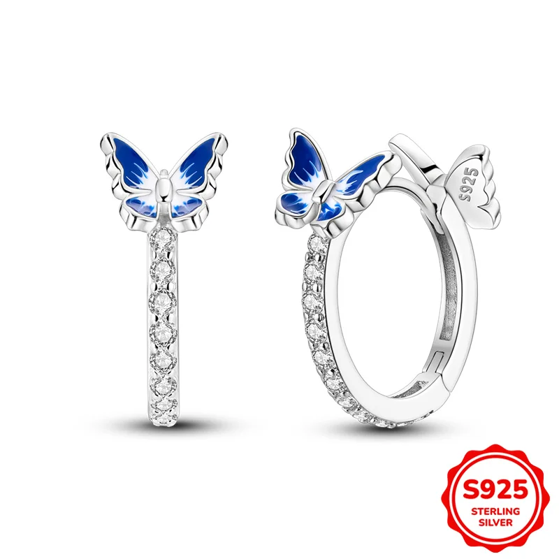 

100 %925 Sterling Silver Earrings Women Double butterfly Hoop Earring For Anniversary Wedding Jewelry Gift