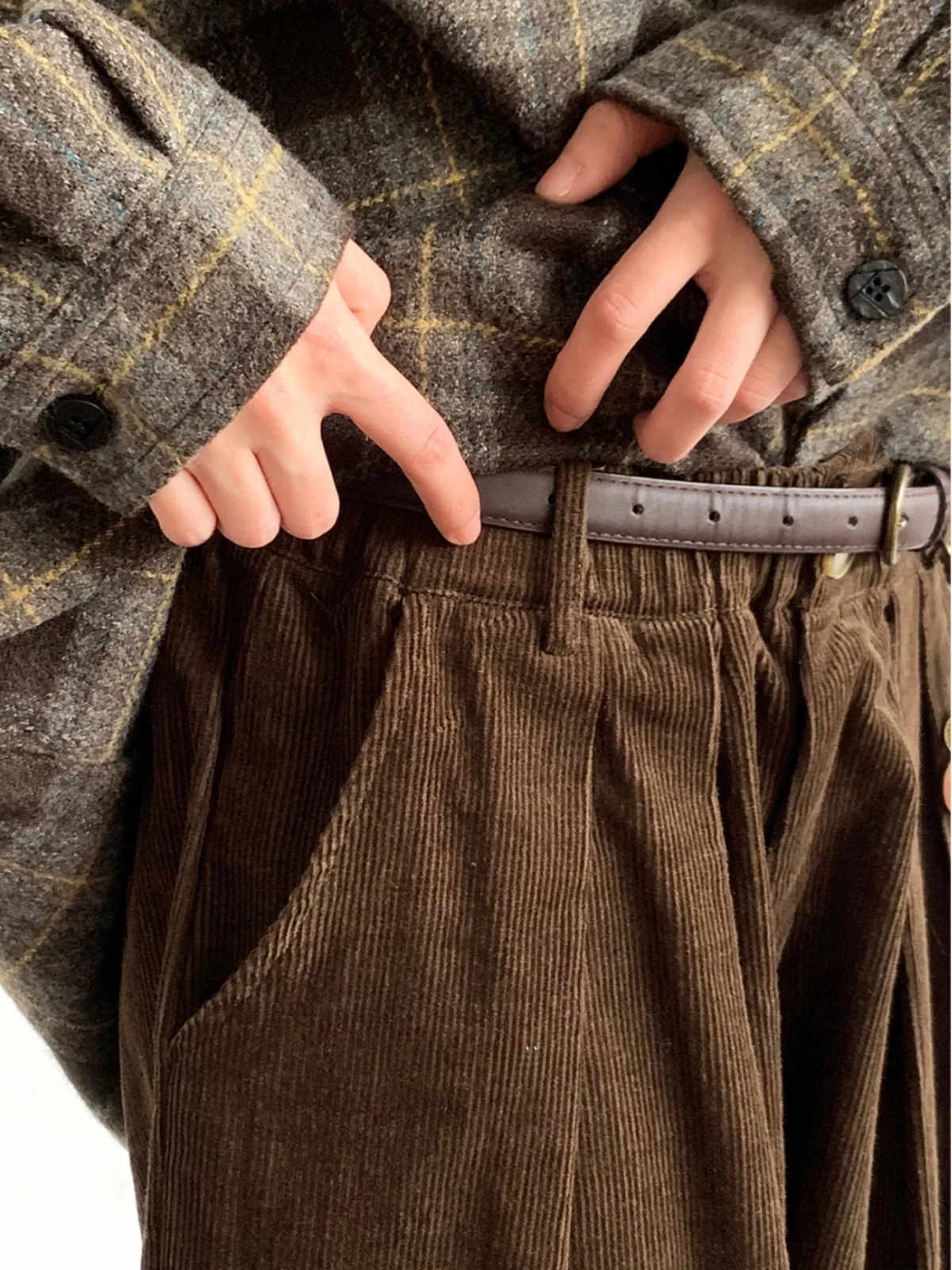 Jiwuus Winter Vintage Corduroy Drapey Casual Pants Men Women Neutral Coffee Color Wide Leg Workwear Long Trousers