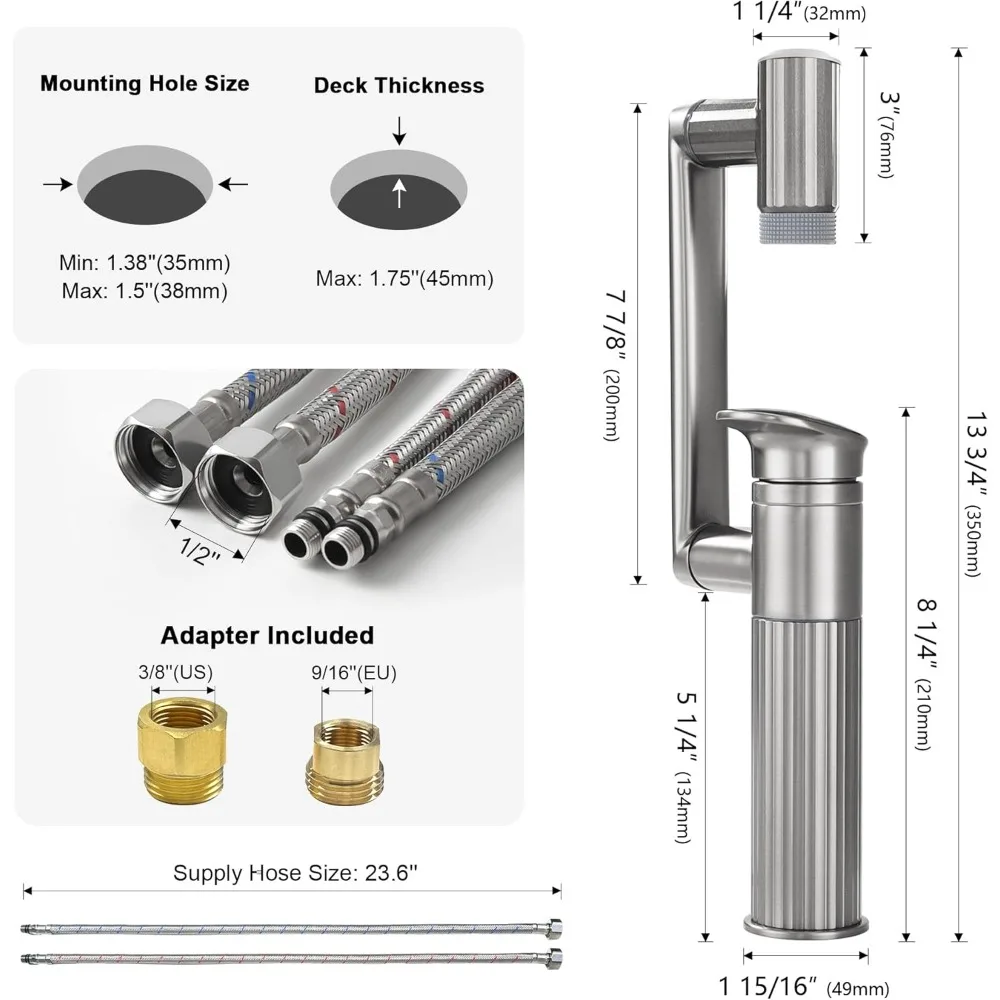 Rotatable Bathroom Faucet with Fahrenheit Temperature Display, Single Hole Vanity Sink Faucet featuring Dual Water Modes for Mod