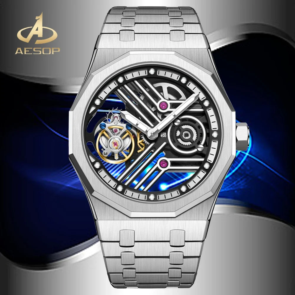 AESOP Flying Tourbillon Mechanical Skeleton Watch For Man Watches Waterproof Wristwatches Sapphire Mirror Octagon Watch Ring New