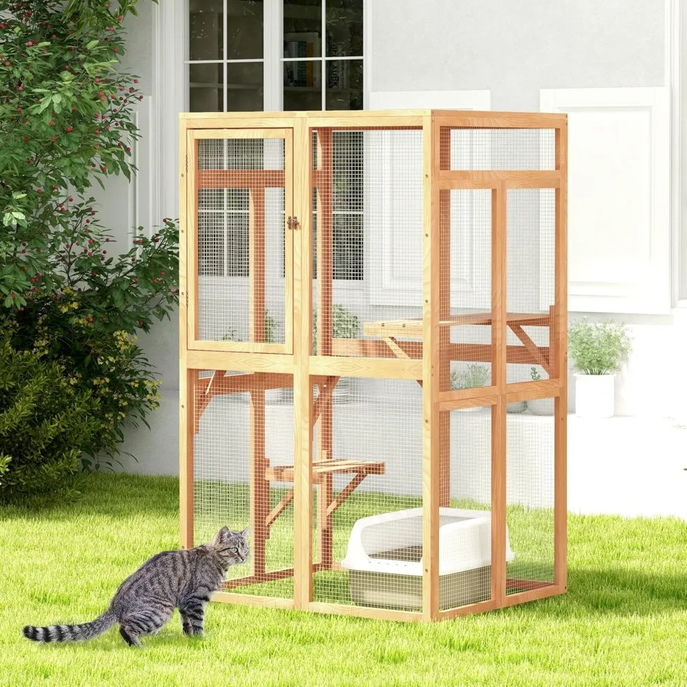 Catio Outdoor Cat Enclosure Window Access, Wooden Cat House Shelter, Kitty Cage with Hammock for Patio Indoor (Wood)