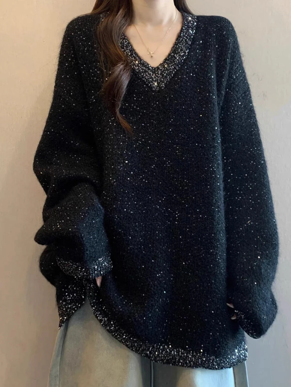 Women Korean Version Loose Casual Sparkle Knit Sweater Commuting Versatile V-Neck Sequin Trim Oversized Long Sleeve Pullover