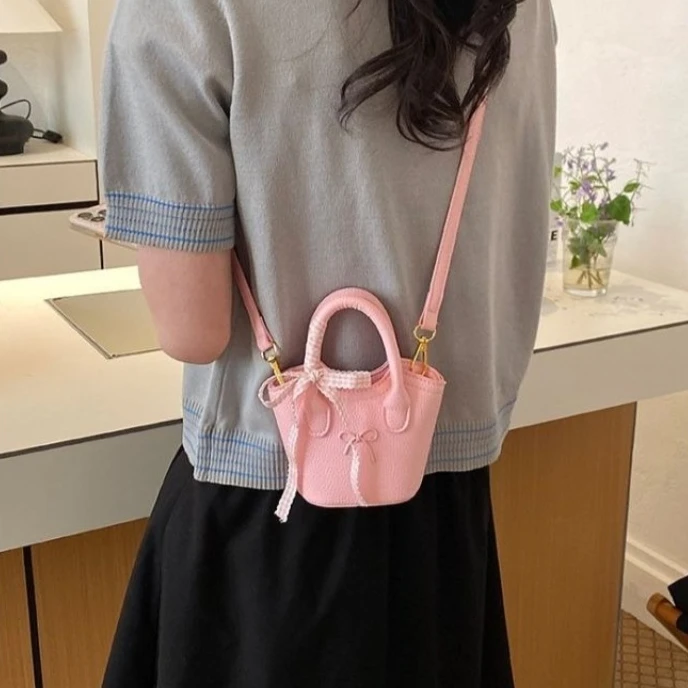 White Blue Pink Yellow Cute Mini Bucket Bag for Girls Pebbled Leather Top-handle Purse with Gingham Bow Kids Crossbody Handbag