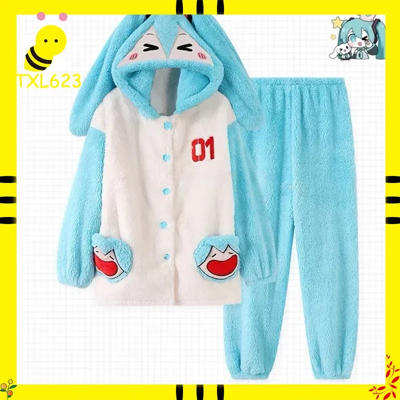 

Cartoon Miku Nightgown Coral Fleece Sleepwear Set with Hat for Women Anime-Inspired Home And Outdoor Clothing Gift