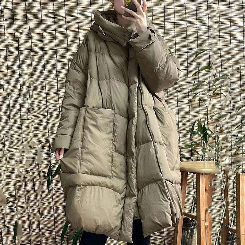 2026 outono inverno quente outwear estilo coreano grandes bolsos feminino pato branco para baixo jaqueta longa com capuz solto sobre o tamanho casaco