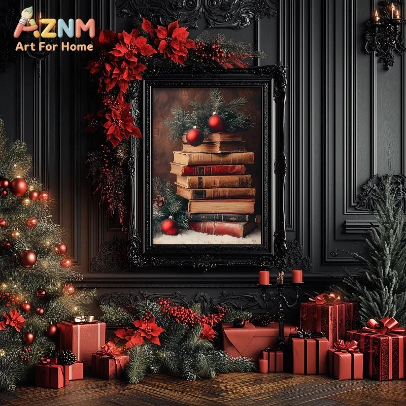 Vintage Christmas Book Stack Pine Red Ornaments Canvas Poster Prints Frameless Wall Art Rustic Festive Holiday Cozy Winter Decor