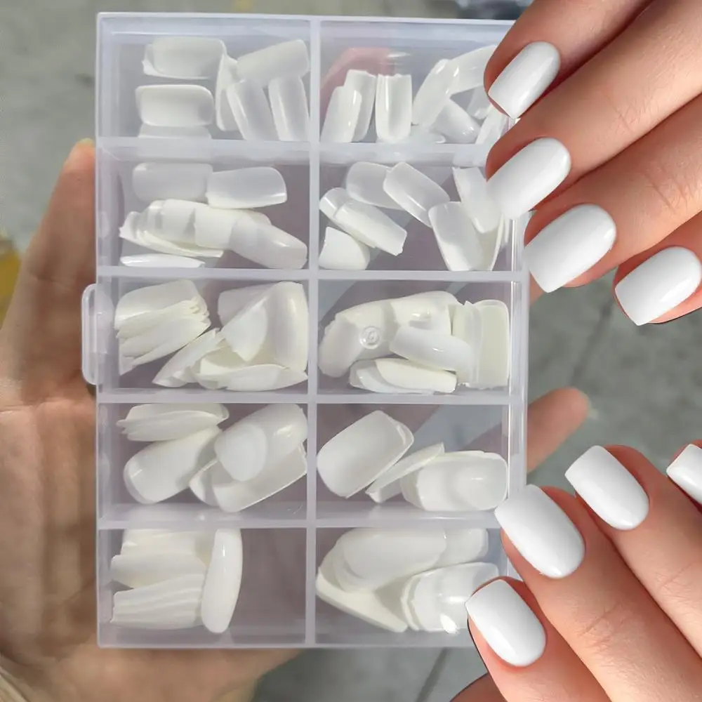 120Pcs/Box Pure White Press On Nails 10-Sizes Short Square Full Coverage Fake Nails Fashionable Elegant Women False Fingertips 1