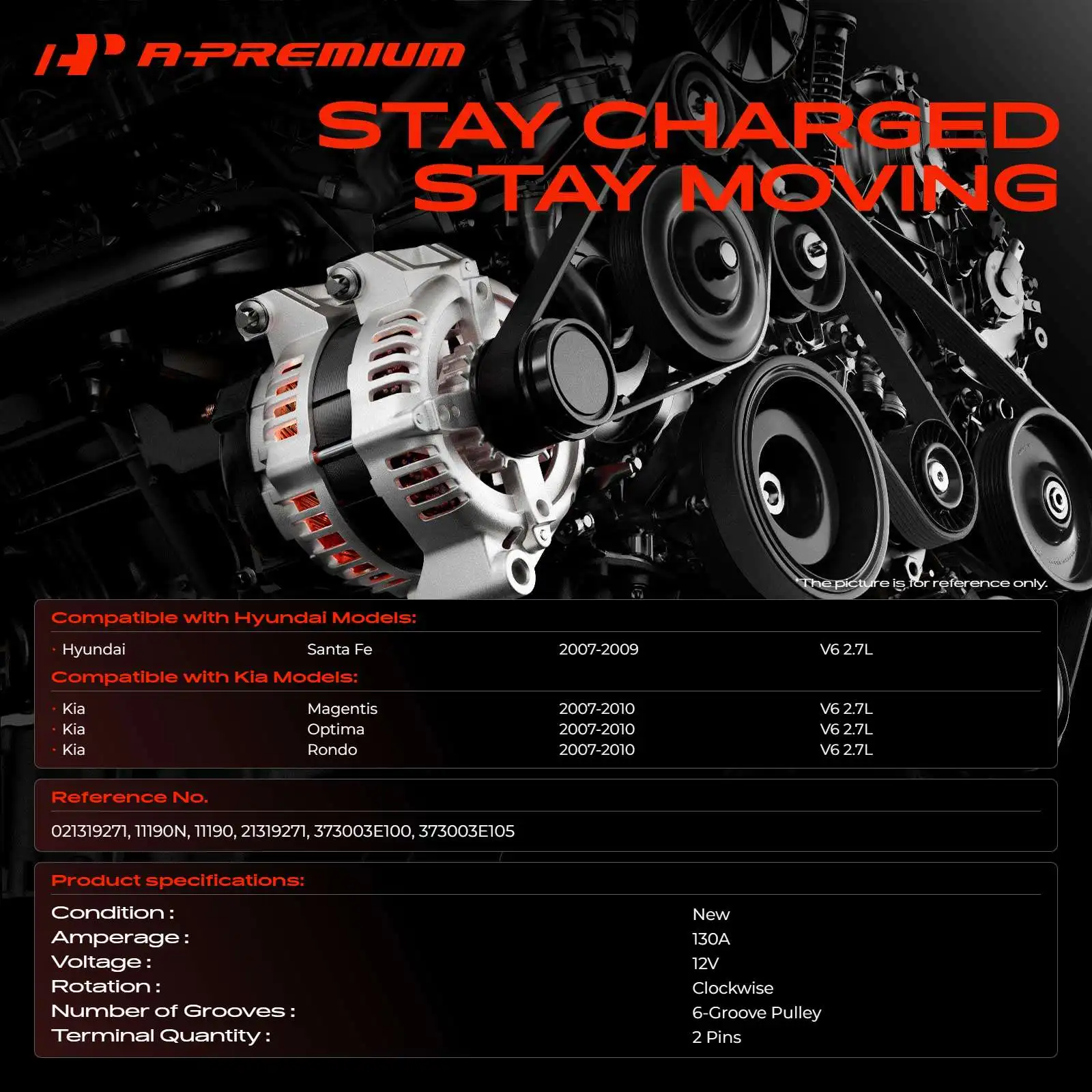 A-Premium Alternator for Kia Optima Rondo Magentis 2007-2010 Hyundai Santa Fe 2007-2009
