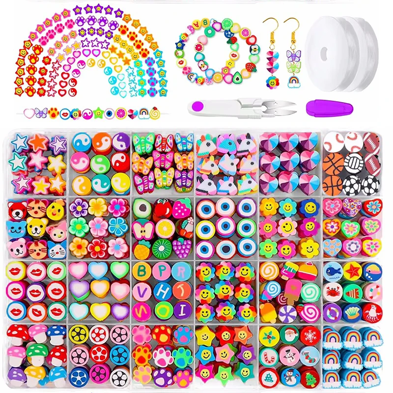 

24 стиля, комплект бусин из полимерной глины, милые забавные глиняные бусины, цветок, бабочка, сердце, буква, пони, бусины для изготовления браслета, ожерелья, сделай сам