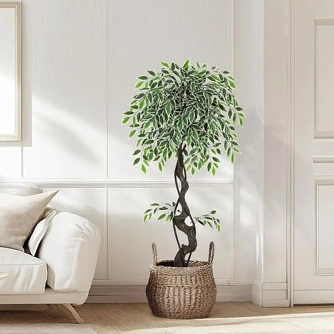 Artificial Ficus Tree, Lifelike Fake Ficus Plant with White Imitation Ceramic Planter, Natural Moss & Pebbles Decor, Stable Potted Faux Tree for Indoor Outdoor Home Office Bedroom Balcony - view 2