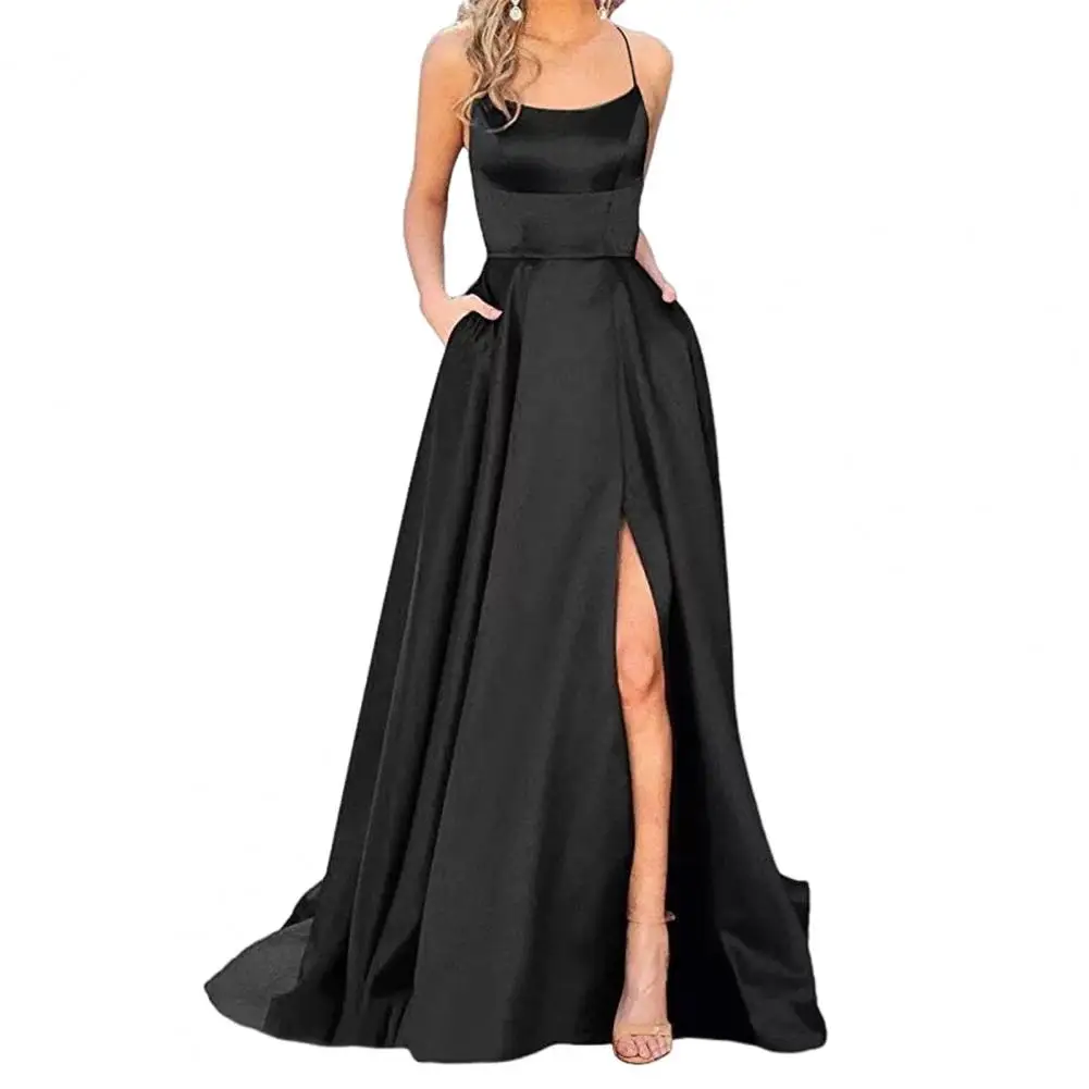 

Maxi Dress Elegant Satin Evening Dress with Spaghetti Straps High Slit Side Pockets for Prom Banquet or Party Off Shoulder