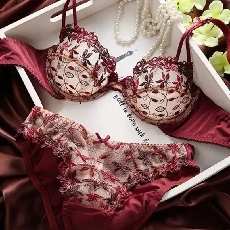 Pure Desire Victoria Thin Bra Set Lace Mesh Red Beautiful Back Sex Underwear Hold Up with Underwire Transparent Bra Woman