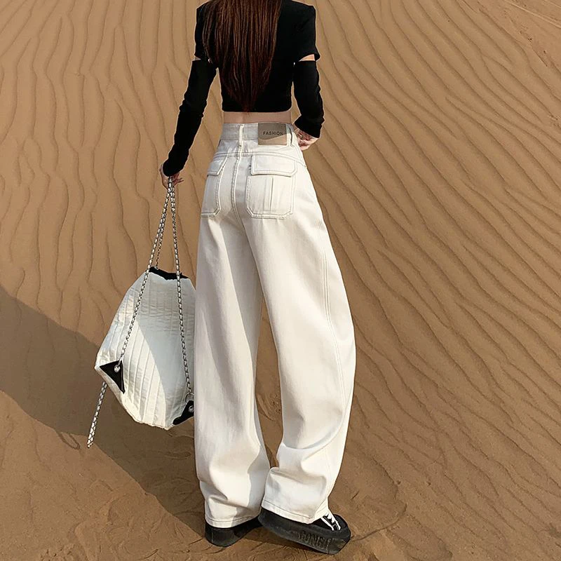 KSTUN 2026 Spring Women's Narrow Cut Wide Leg Jeans High Waist Casual Look Elegant Beige Denim Pants Fashion Pockets Patched