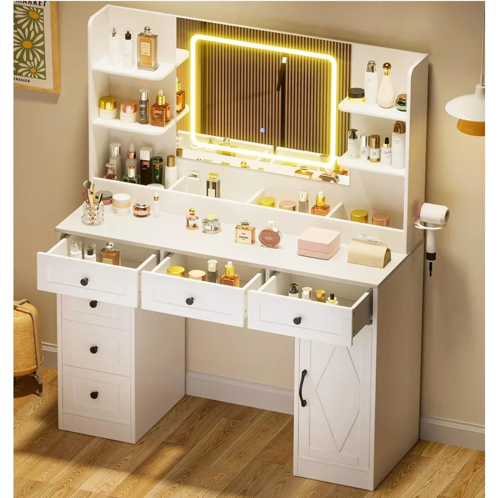 

Makeup Vanity Desk with Mirror and Lights, Large Vanity Table with 6 Drawers & 1 Storage Cabinet, White Bedroom Dresser Table
