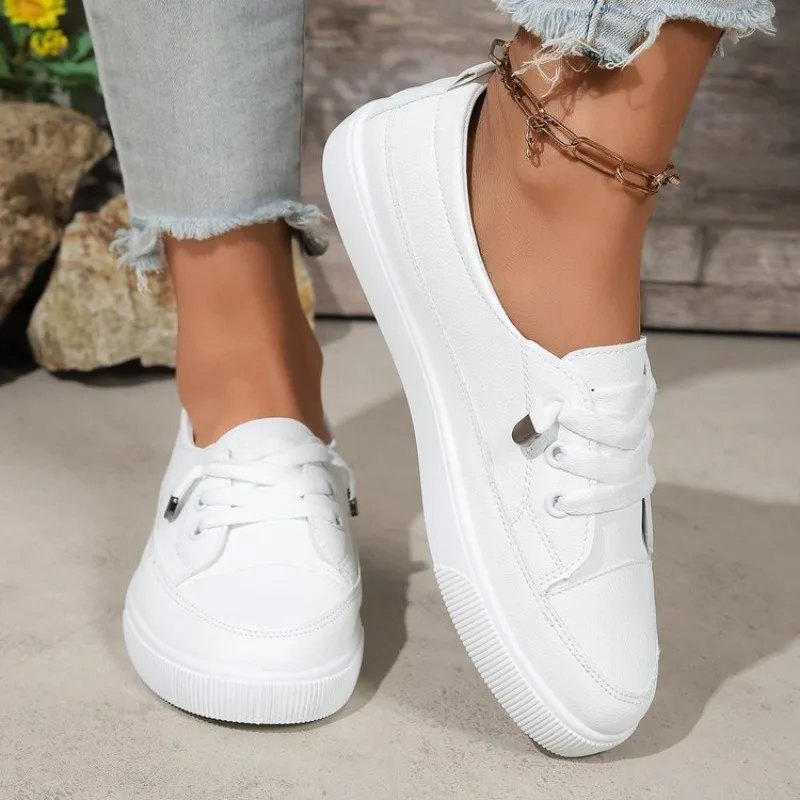 Women's Sneakers Round Toe Casual Flat Shoes Textured Upper Slip-On Design Ribbed Outsole Metallic Lace Detailing for Daily Wear view 3