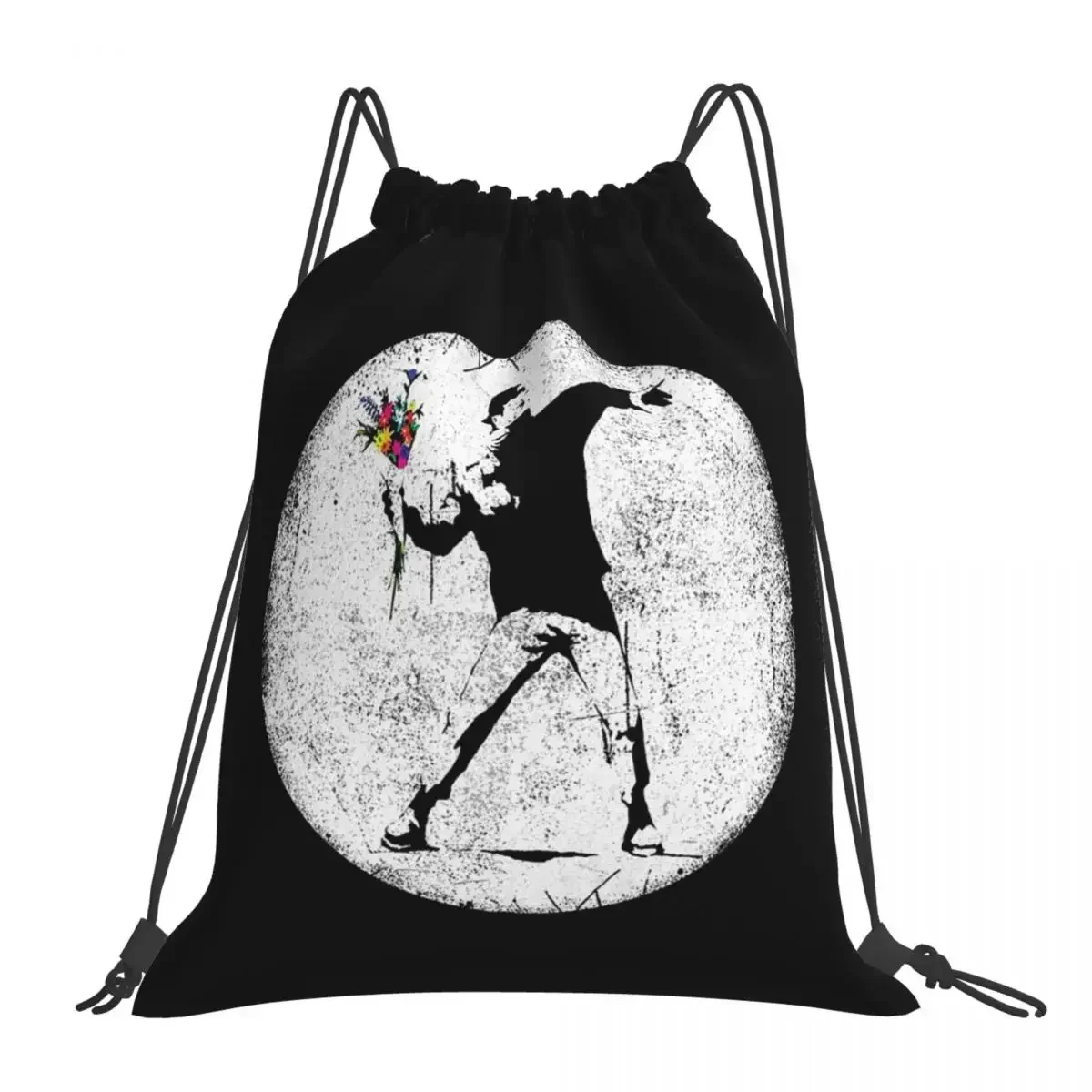 Banksy Protester Throwing Flowers Backpacks Drawstring Bags Drawstring Bundle Pocket Sports Bag BookBag For Travel School