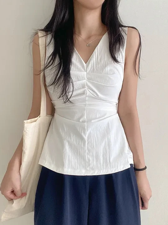 Women's Svel V-Ne irt Vest Slimming Waist Hollow out Ba Versatile Cotton Color Commute Sle Top