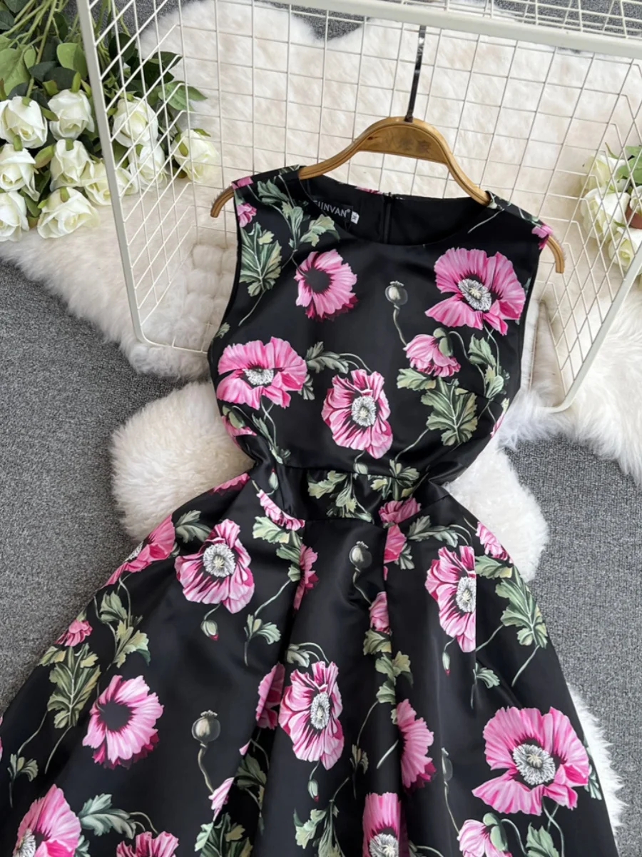 Ofallsis O neck Retro Light Luxury Temperament Waistband Printed Sleeveless Dress 2024 Summer New Elegant Large Hem Long Dresses