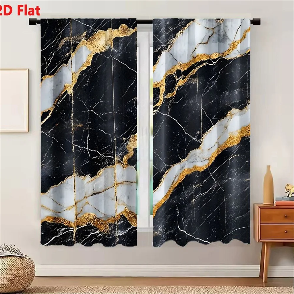 2Pcs Curtains Luxurious Black Marble Surface With White And Gold Veins For Countertops Wall Cladding And Flooring Window Drapes