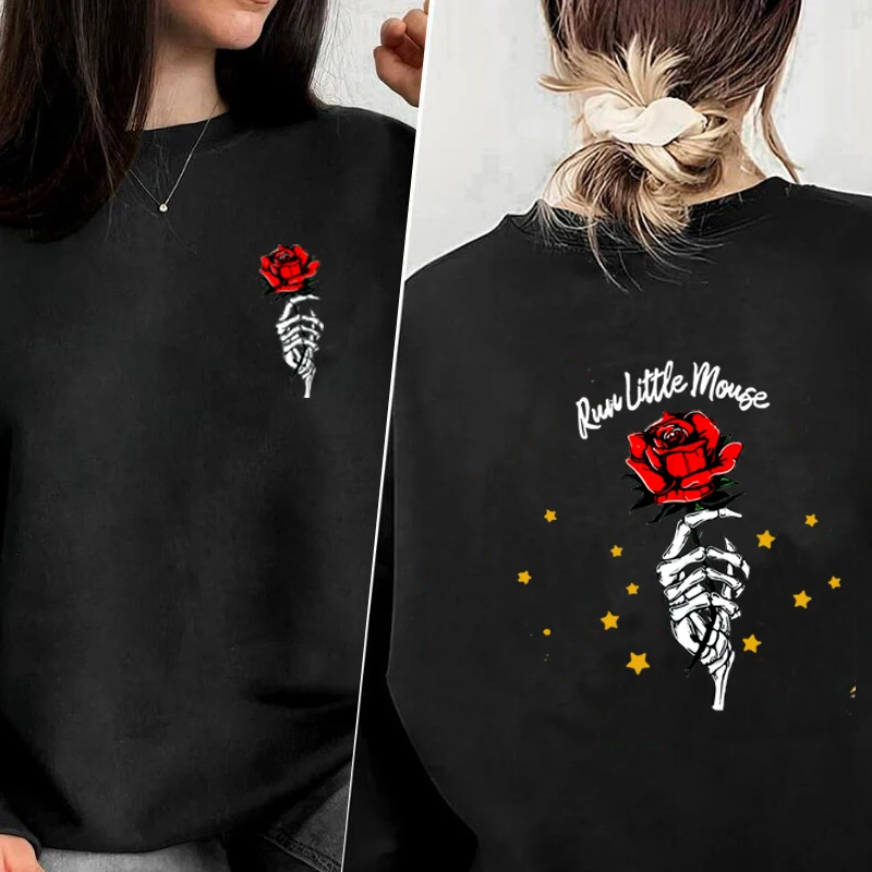 Run Little Mouse Sweatshirt Women Love Roses Hand Skeleton Graphic Hoodie Skeleton Hold Roses Printed Sweatshirts Pullover