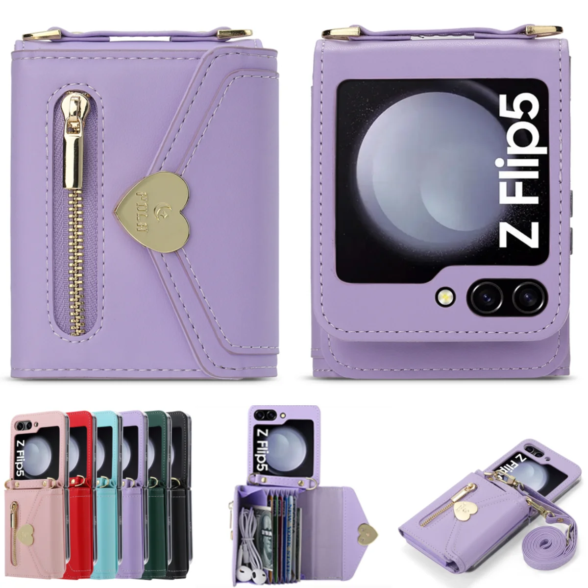 Zippered Cards Wallet  Phone Case for Samsung Galaxy Z Flip 6 5 4 3 5G Flip5 Flip6 Flip4 Hinge Coverage Leather Cover With Strap