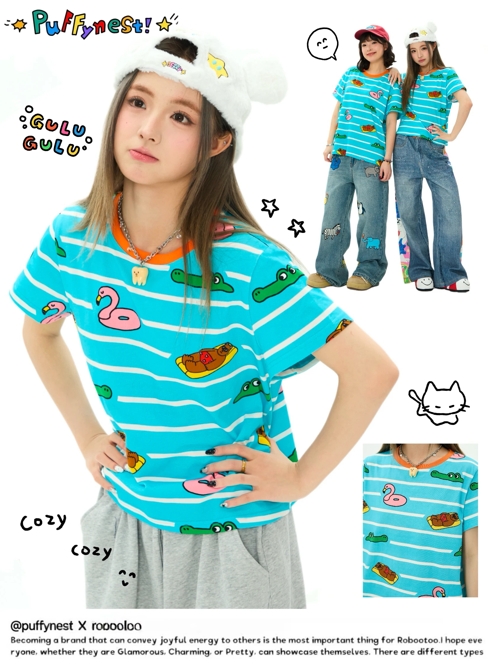 

Puffynest Original Illustration Artist Ghostma Girl Crocodile Pool Cotton Casual Loose Comfortable Short Sleeve T-Shirt Summe...