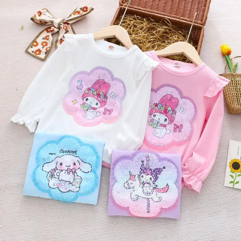 Sanrio Pure Cotton Girl Long Sleeves T Shirt Child Kuromi My Melody Spring Autumn Puff Sleeves Change of Color Sequins Jacket