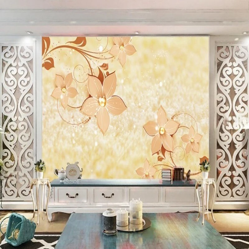 Modern champagne gold noble pearl flower vine gold TV luxurious home bedroom sofa background wall painting