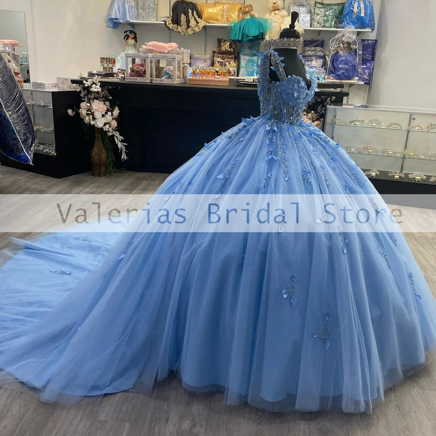 Gaun Sky Blue Quinceanera gaun pesta renda applique gaun pesta Formal Vestido De 15 quincealeras disesuaikan