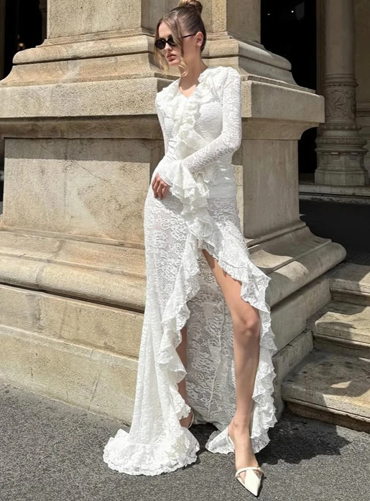 Kant gestapelde vrouwen maxi-jurken romantische Franse volledige mouw ruche hals split bodycon vrouwelijke sexy pure trend vestidos