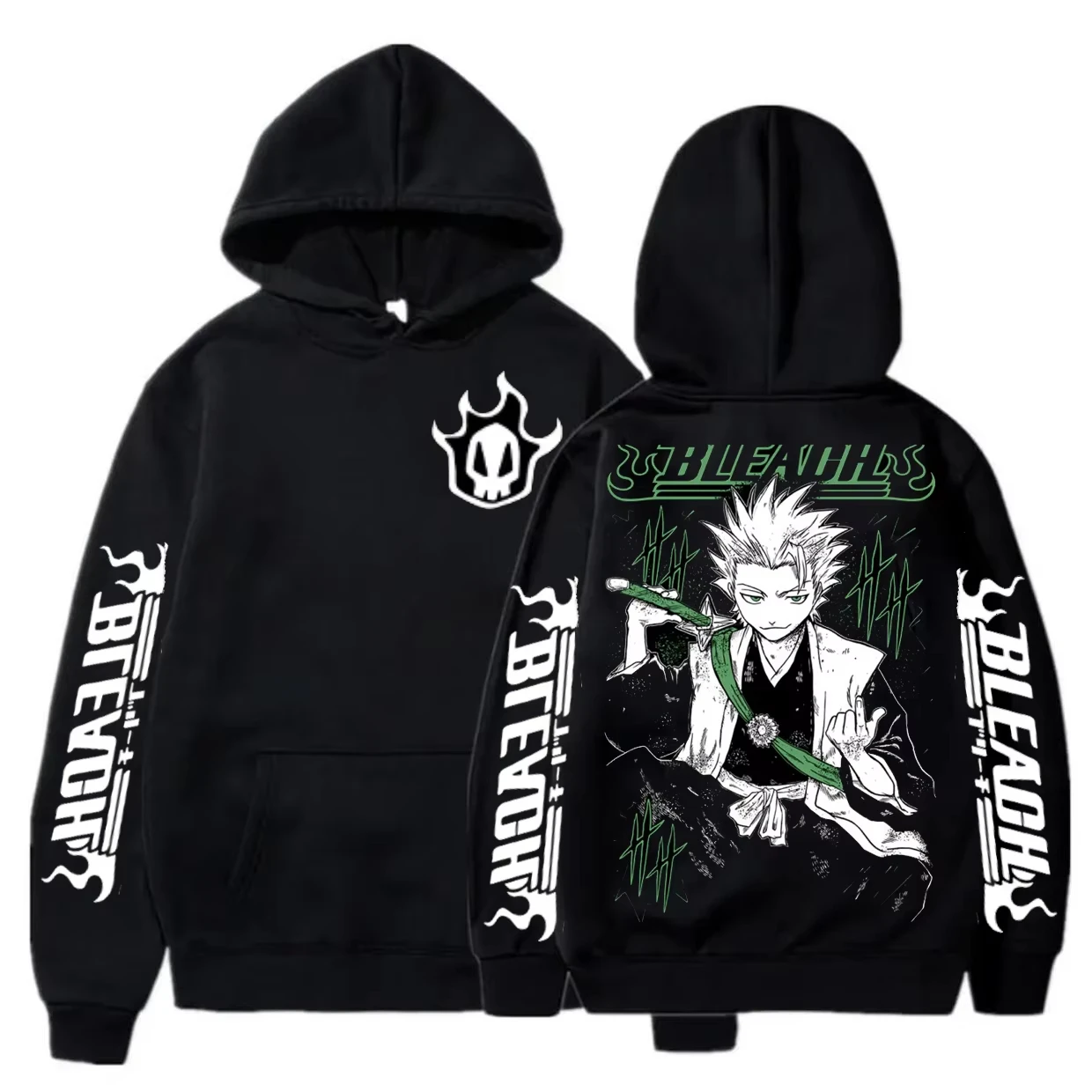 2026 Herbst BLEACH Toshiro Hitsugaya Multi-Print Front Hollow Skull Badge Hoodie Unisex Oversized Y2K Baumwoll-Hoodie