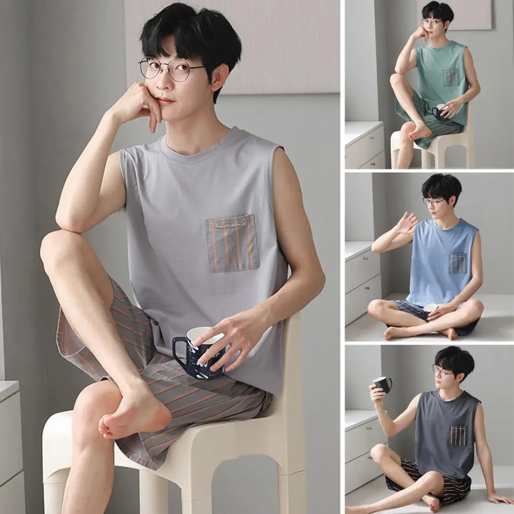 Soft Pajama Set Men's Sleeveless Pajama Set with Round Neck Loose Fit Soft Breathable Fabric Two-piece Sleepwear for Comfort