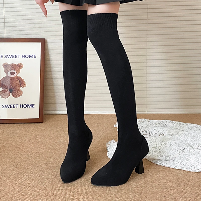 High Heels Women's Sock Boots Pointed Toe Knitting Fashion Shoes Designer Winter High Boots 2025 Dress Luxury Botas Para Mujer