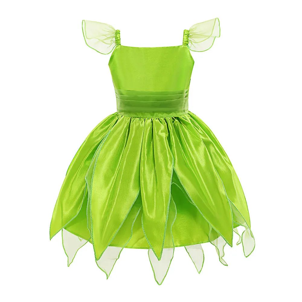 Little Girl Tinkerbell Costume Green Forest Leaf Fairy Cosplay Dress Peter Pan Tinker Bell With Wings Halloween Disguise Outfits