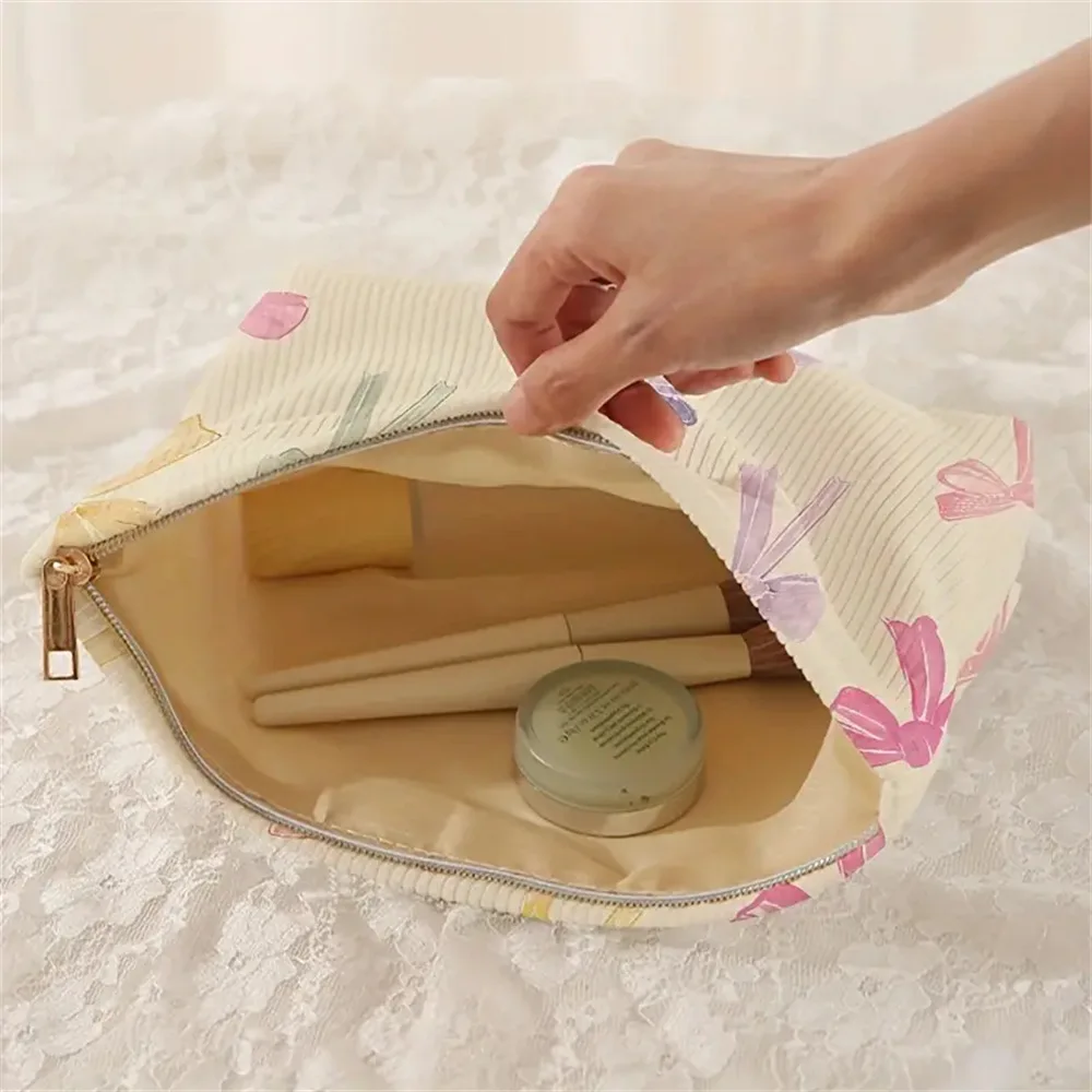 Fashion Colorful Bow Printed Corduroy Cosmetic Bag Women Toiletry Makeup Pouch Handbag Travel Organizer Make Up Storage Bag