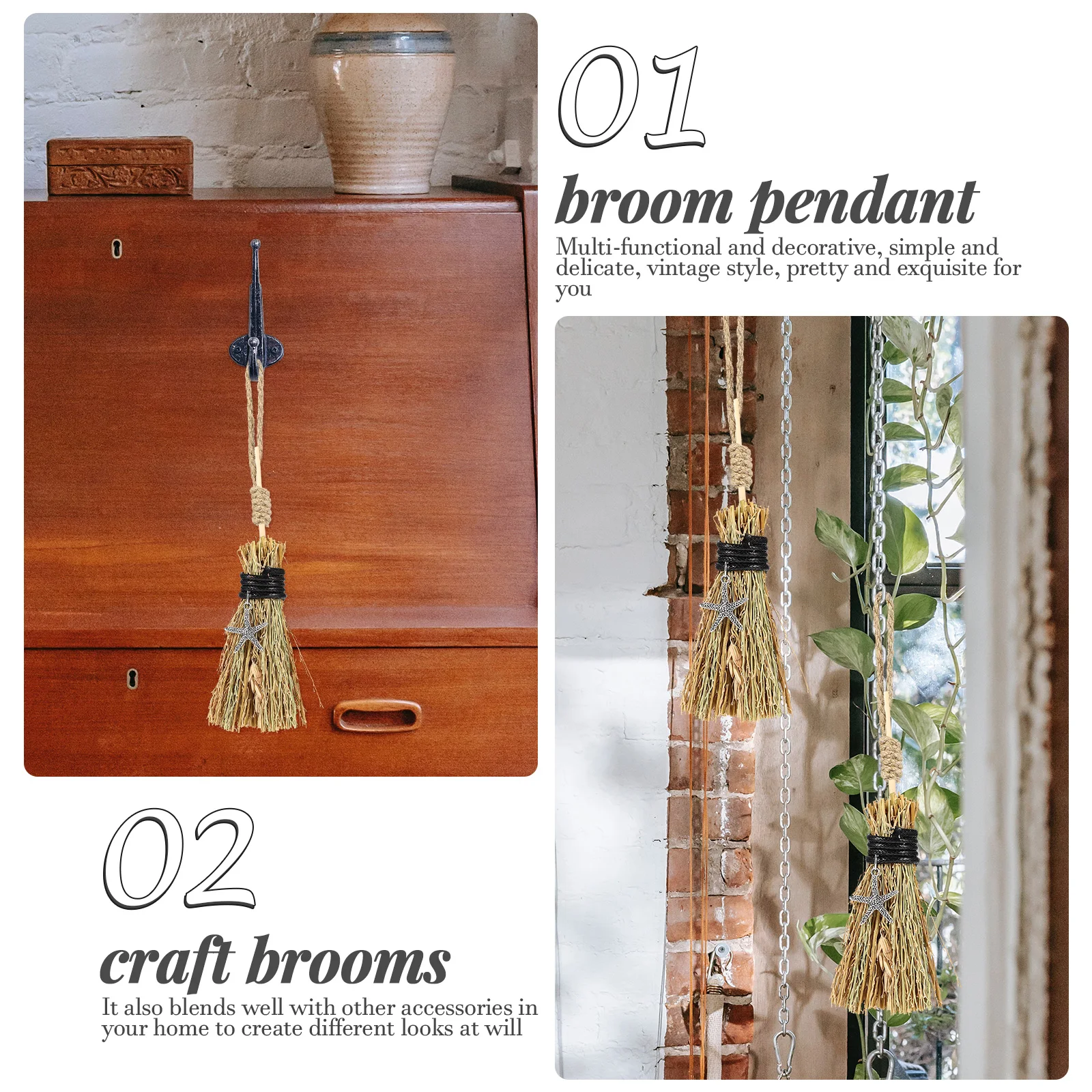 

2 Pcs Mini Broom Pendant Indoor Carved Witches Brooms Decoration Dollhouse Craft Stick for Crafts Aldult
