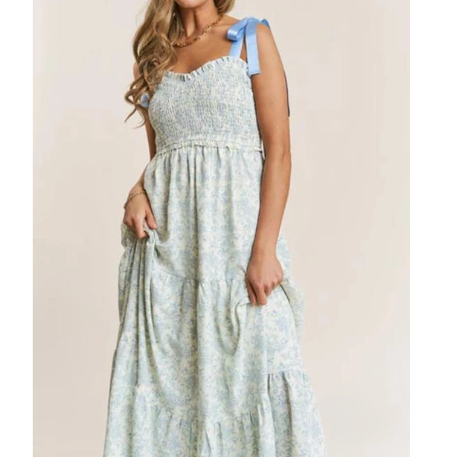 ผู้หญิงชายหาดดอกไม้ Tie ชุดไหล่ Smocked Sweetheart คอแขนกุด A-Line ยาวฉัตร Ruffle Dress