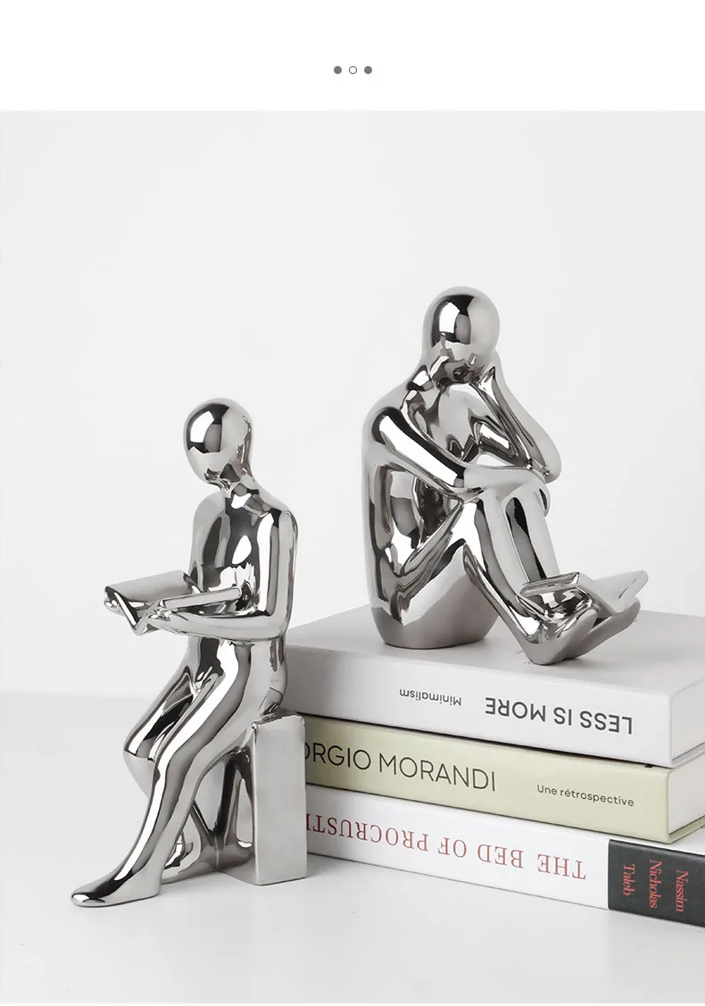 Modern Ceramic Reading Figure Bookends - Minimalist Black & White Book Holders For Shelves