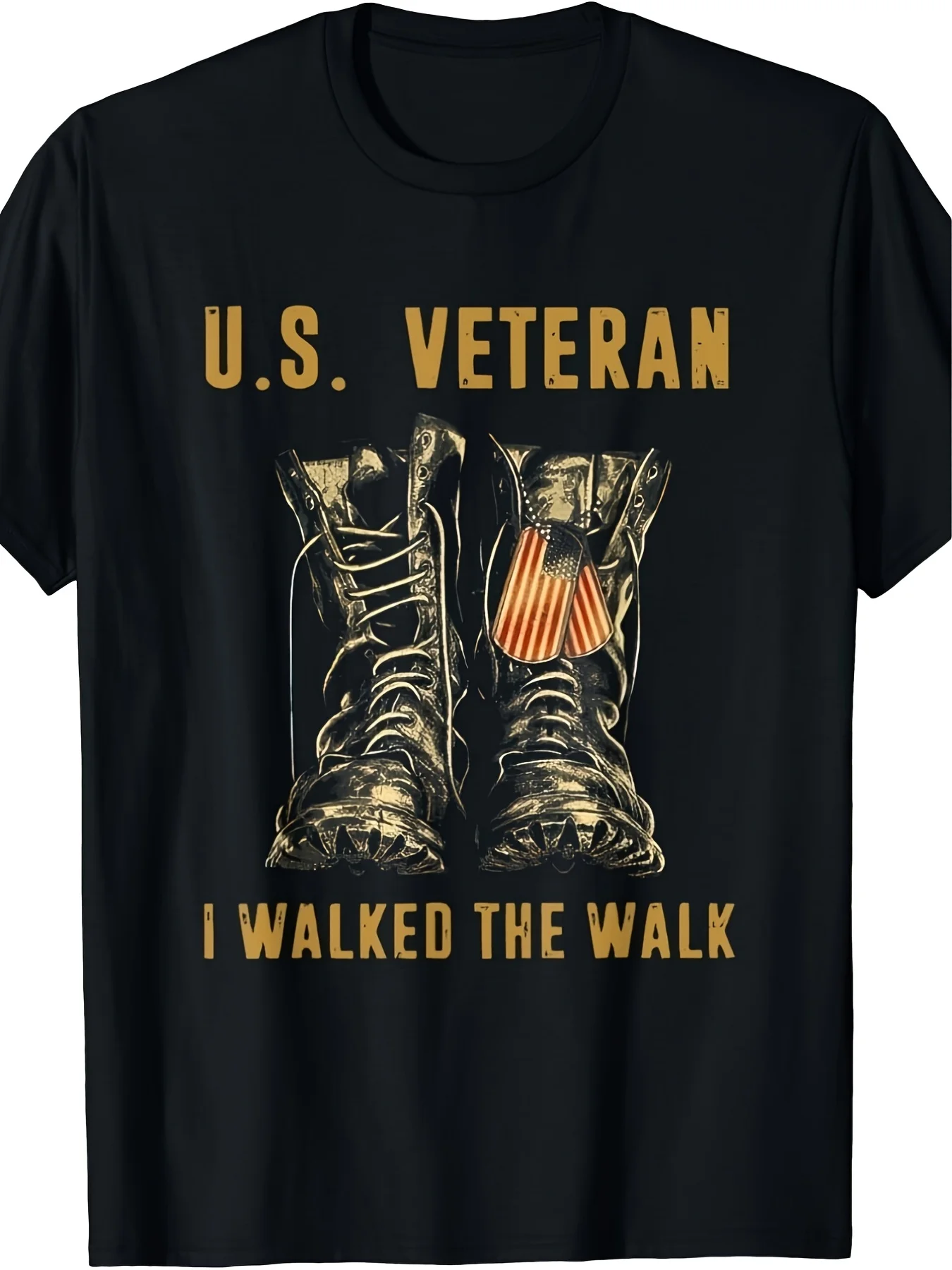 Men'S US I Walked The Walk T-Shirt Black Featuring a Design with Golden Combat Boots and a Dog Tag Styled with U.S. Army Insignia Comfortable Retro Casual Short-Sleeved T-Shirt with Round Neck and Printed Pattern, Machine Washable