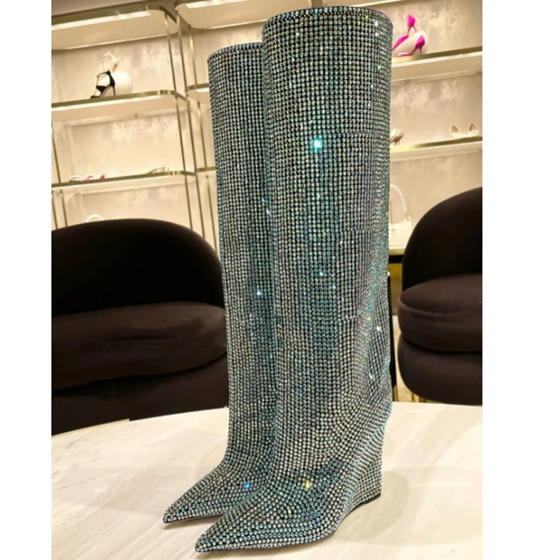 

Winter Knee High Boots New Women Wedge Heel Shiny Leather Bling Rhinestone Booties Pointed Toe Suede Luxury Brand Fashion Shoes