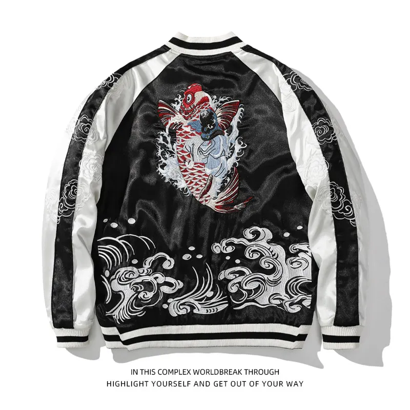 Asian Japanese Sukajan Style Embroidered Souvenir Jacket Outerwear Coat Baseball Collar National Fashion Double-Sided Wear