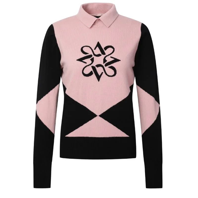St ANDREWS Ladies Golf Lapel Collar Knit Pullover Color‑Block Geometric Logo Long Sleeve Warm Sports Sweater Christmas Gift