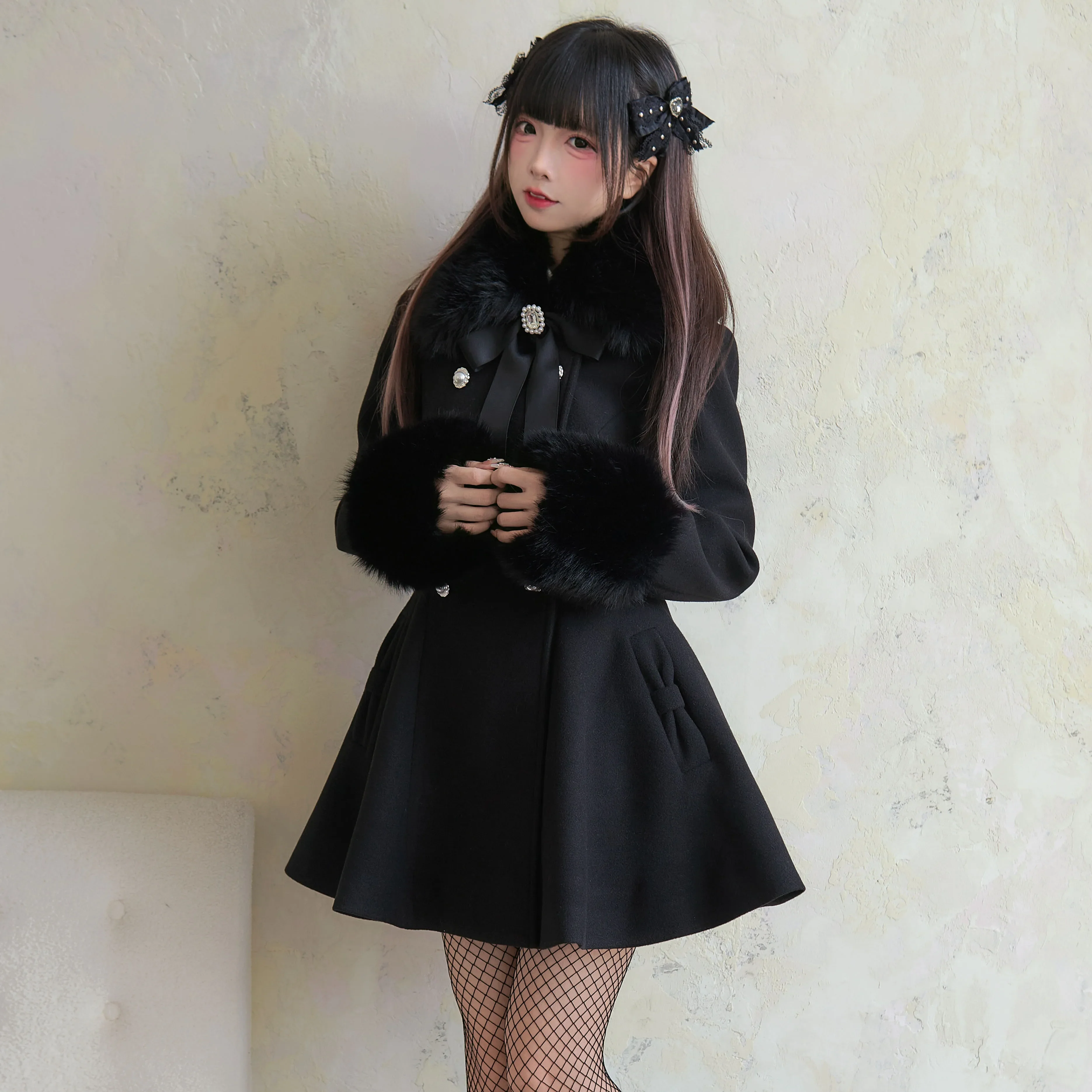 Japanse Mijn Zoete Bontkraag Slanke Double-Breasted Wollen Jas Nieuwe Winter Nieuwe Zoete Lolita Vrouwen Boog Slanke halflange Jassen