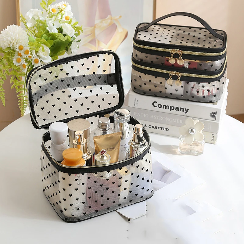 Double-layers Black Mesh Cosmetic Bag Travel Portable Large-Capacity Makeup Case Organizer Storage Pouch Zipper Toiletry Bags