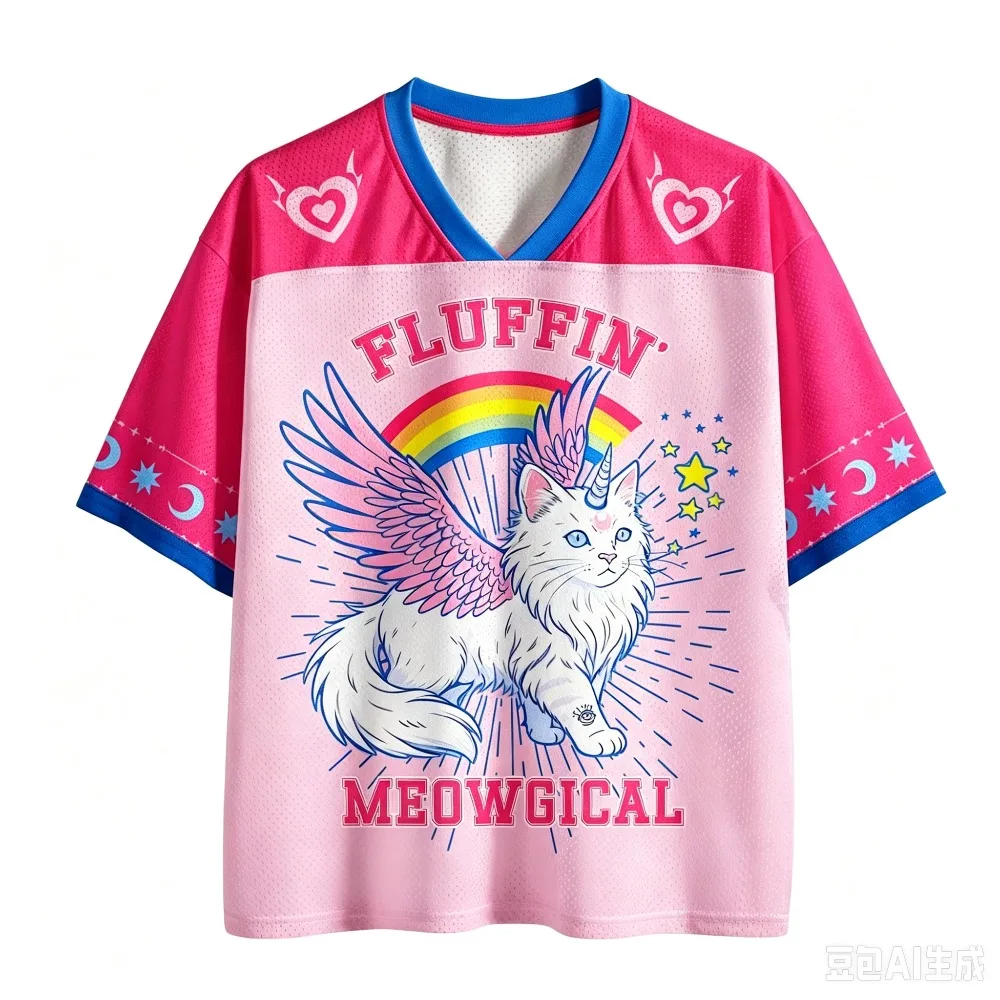 Magic Unicorn Cat Knitted Rainbow Wings 3DPrint Sport Moisture-Wicking Breathable VNeck Loose Y2K Adult and Child Street T-Shirt