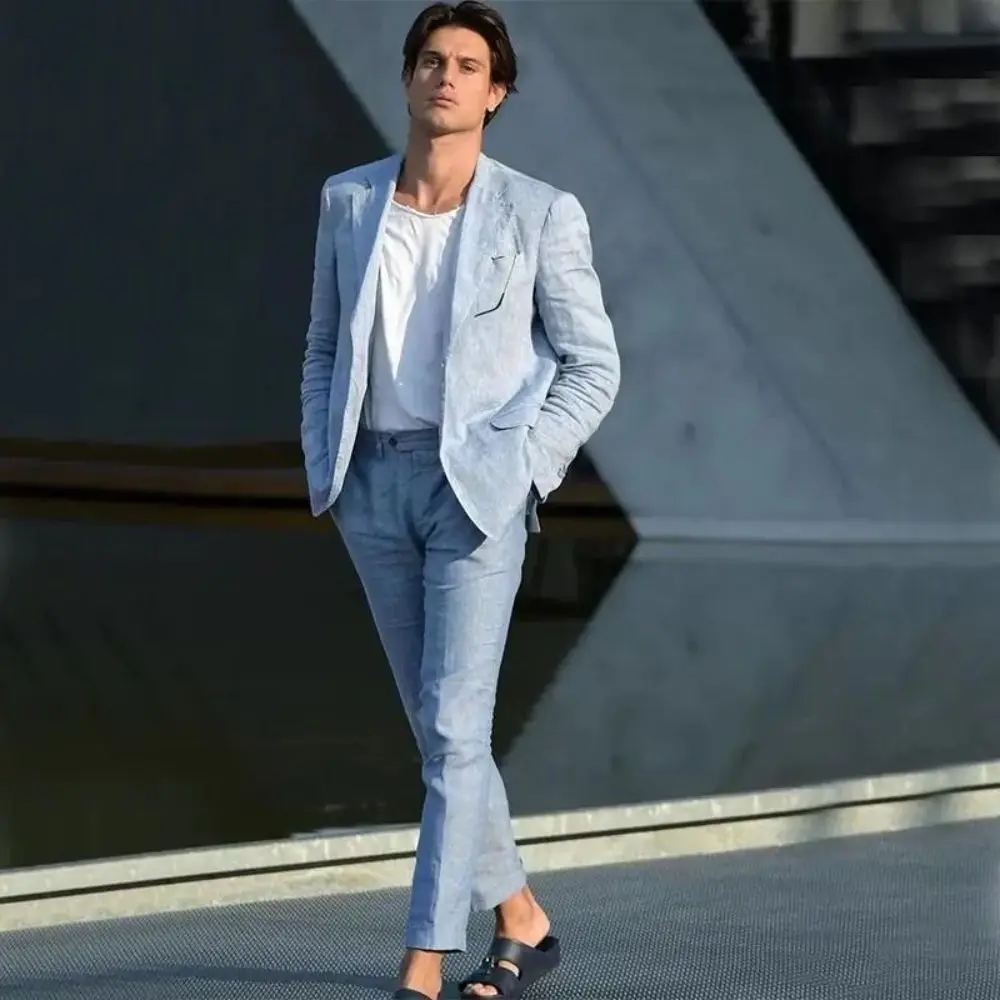 

Men's Suits Dusty Blue Linen Summer 2 Pieces Outdoor Travel Beach Clothes One Button Notched Lapel Blazer Jacket Tuxedos Pants