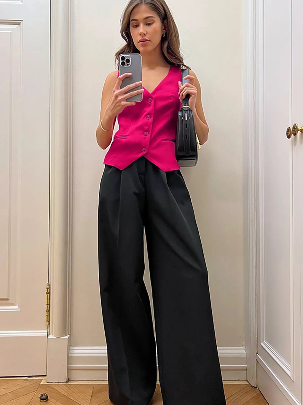 Fashion Button Vest And Wide Leg Pant Suit Spring Summer Tank Loose Straight Trouser Two Piece Sets Commuter OL Women Outfits