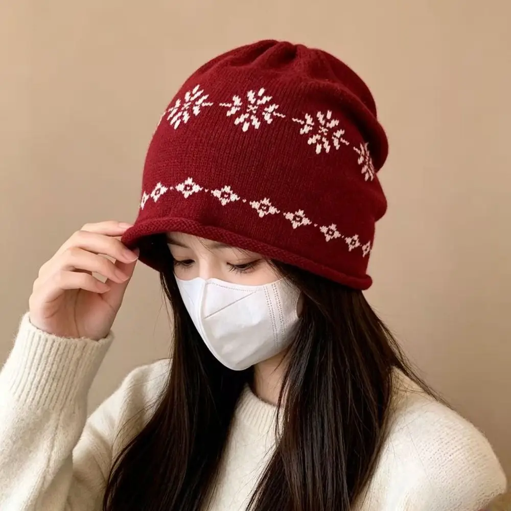 Stylish Seasonal Warmth Knitted Hat Fair Isle Jacquard Weave Beanies Hat Warm Curled Edge Korean Beanie Cap For Women